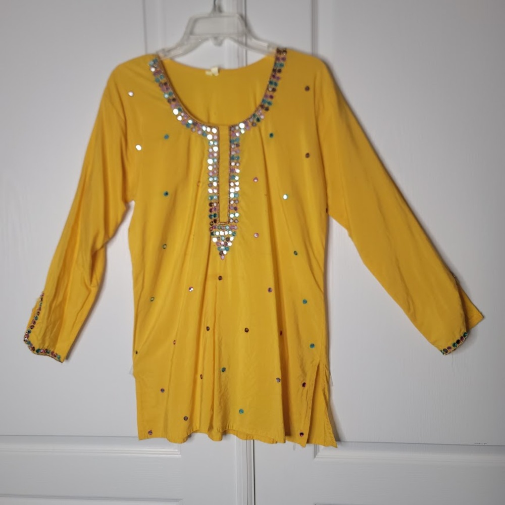 Fabindia Yellow Embroidered Long Sleeve Tunic Top Beaded Embellishments Large